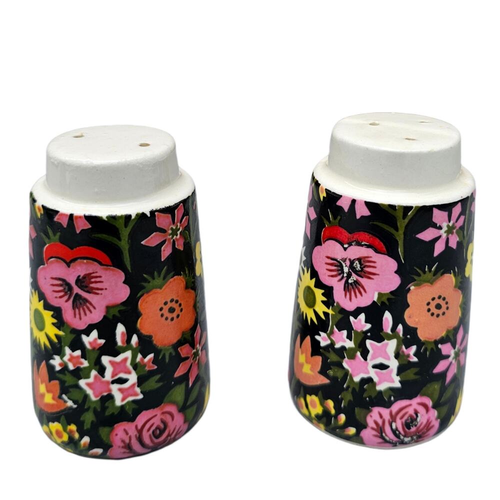 Floral Salt Pepper Shaker Set Pink Black Flower C-7681 Japan NapcoWare Vintage